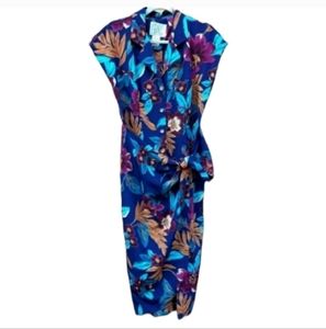 Vintage rockabilly floral blue button up cap sleeve faux wrap midi dress 12